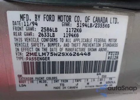 1995 Mercury Grand Marquis Ls z USA, uszkodzony, nr VIN 2MELM75W2SX626448